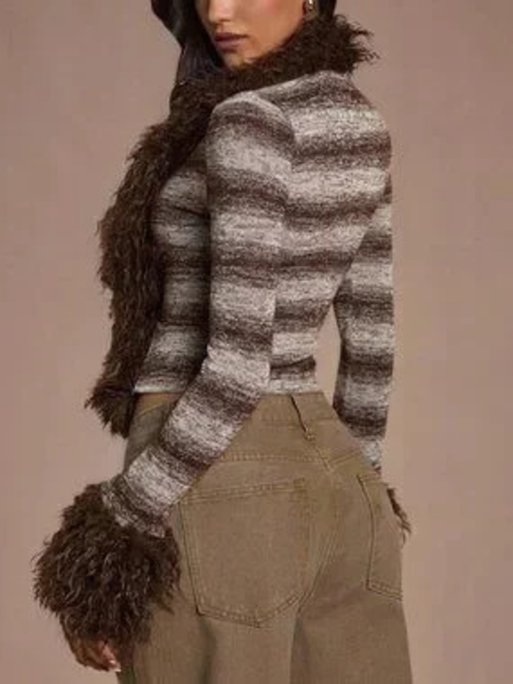 ZARA Multicolor Casual Women's Furry V-Neck Tie-Up Sweater Set